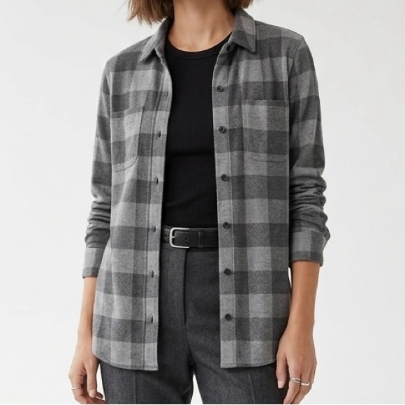 Quince Tops - Quince Brushed Sweater Fleece Flannel Shirt in Charcoal Buffalo Plaid Sz S